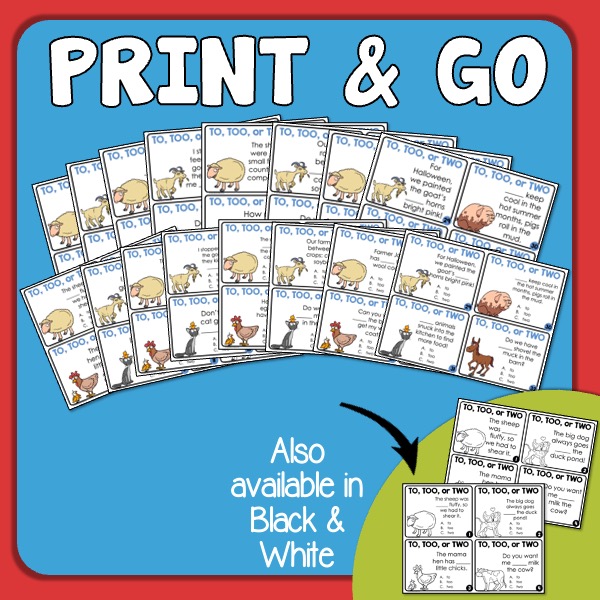 Homophones To, Two, or Too Task Cards Activity Print & Digital