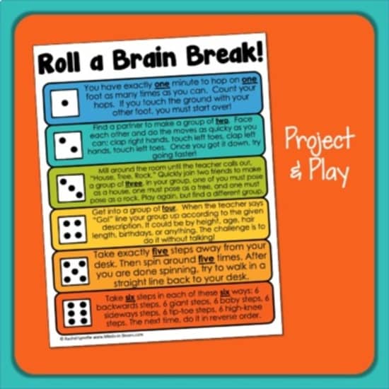 Colorful Roll a Brain Break Activity Chart for Classroom Engagement Colorful Brain Break Activity Chart for Classroom Engagement