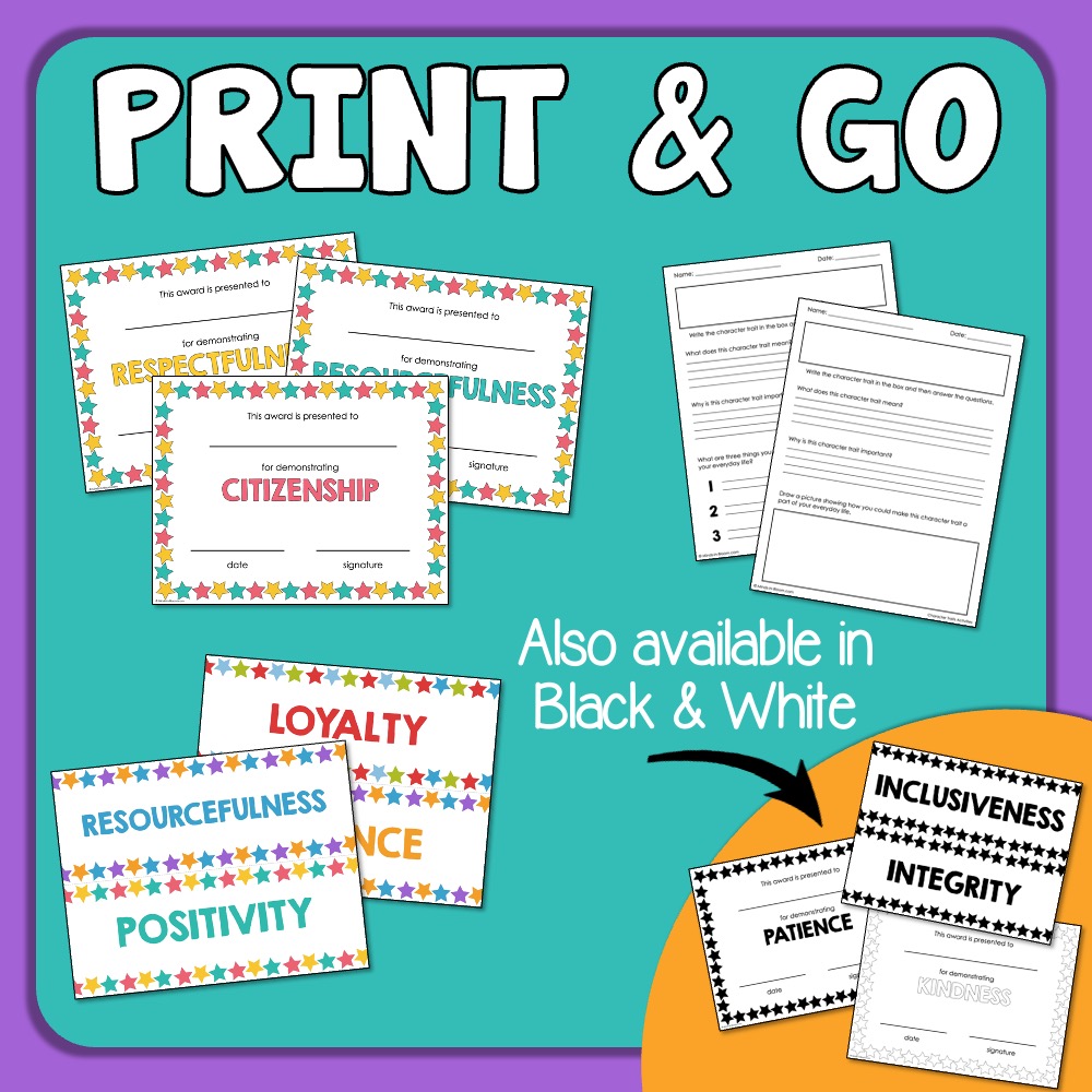 Character Traits Activities NoPrep Printables for SEL Plus Colorful