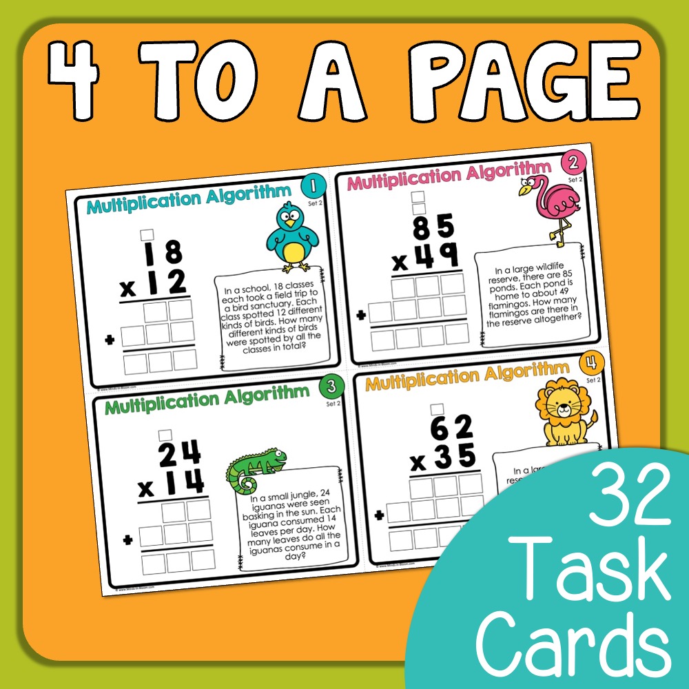 Long Multiplication Algorithm Task Cards - Set 2 - 2-digit by 2-digit ...